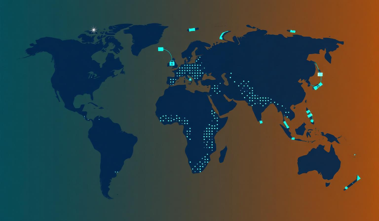 World map silhouette built from glowing dots representing global TLDs on a dark navy background