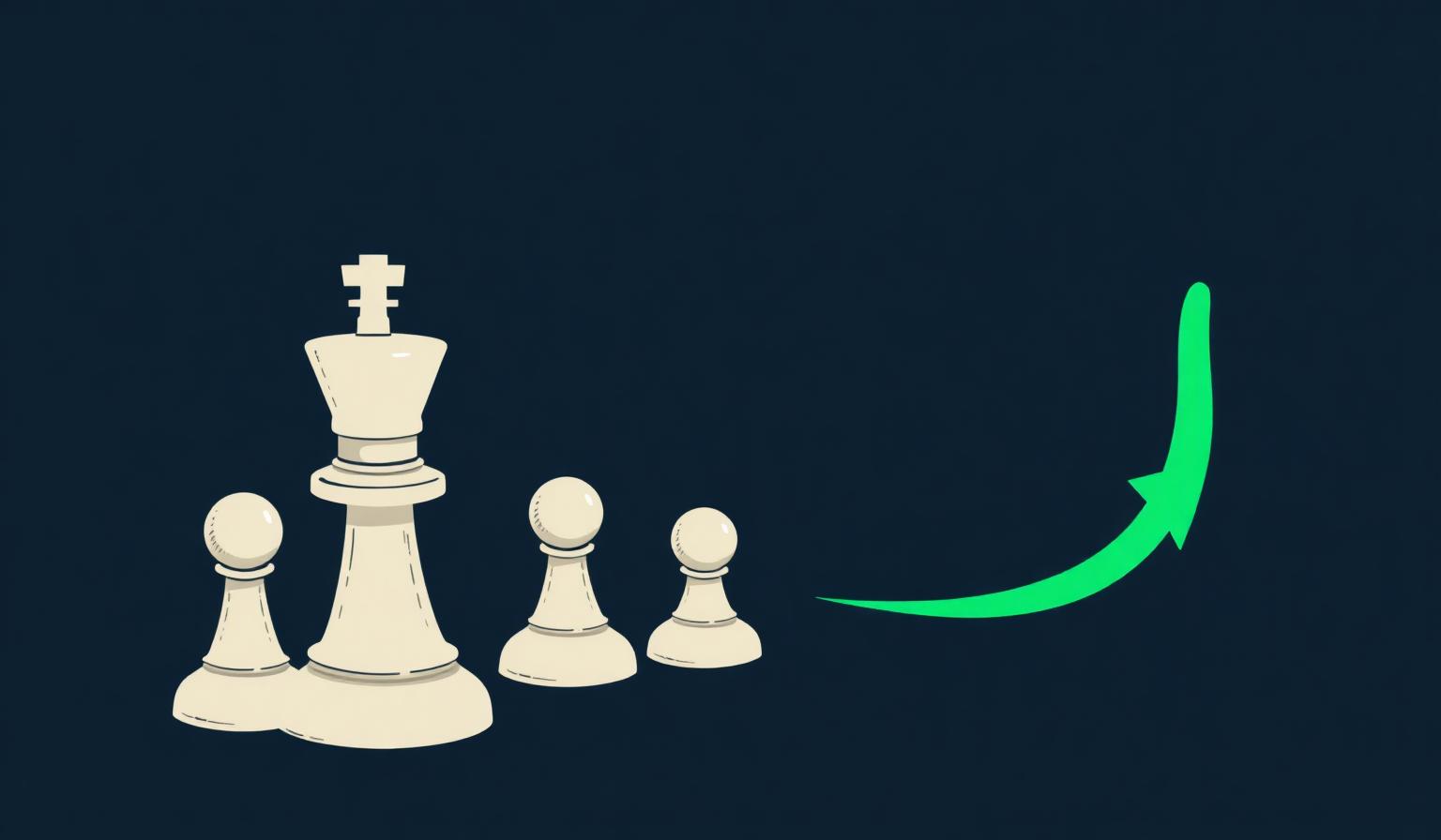 Cream chess pieces with a single emerald arrow moving forward on a dark navy background