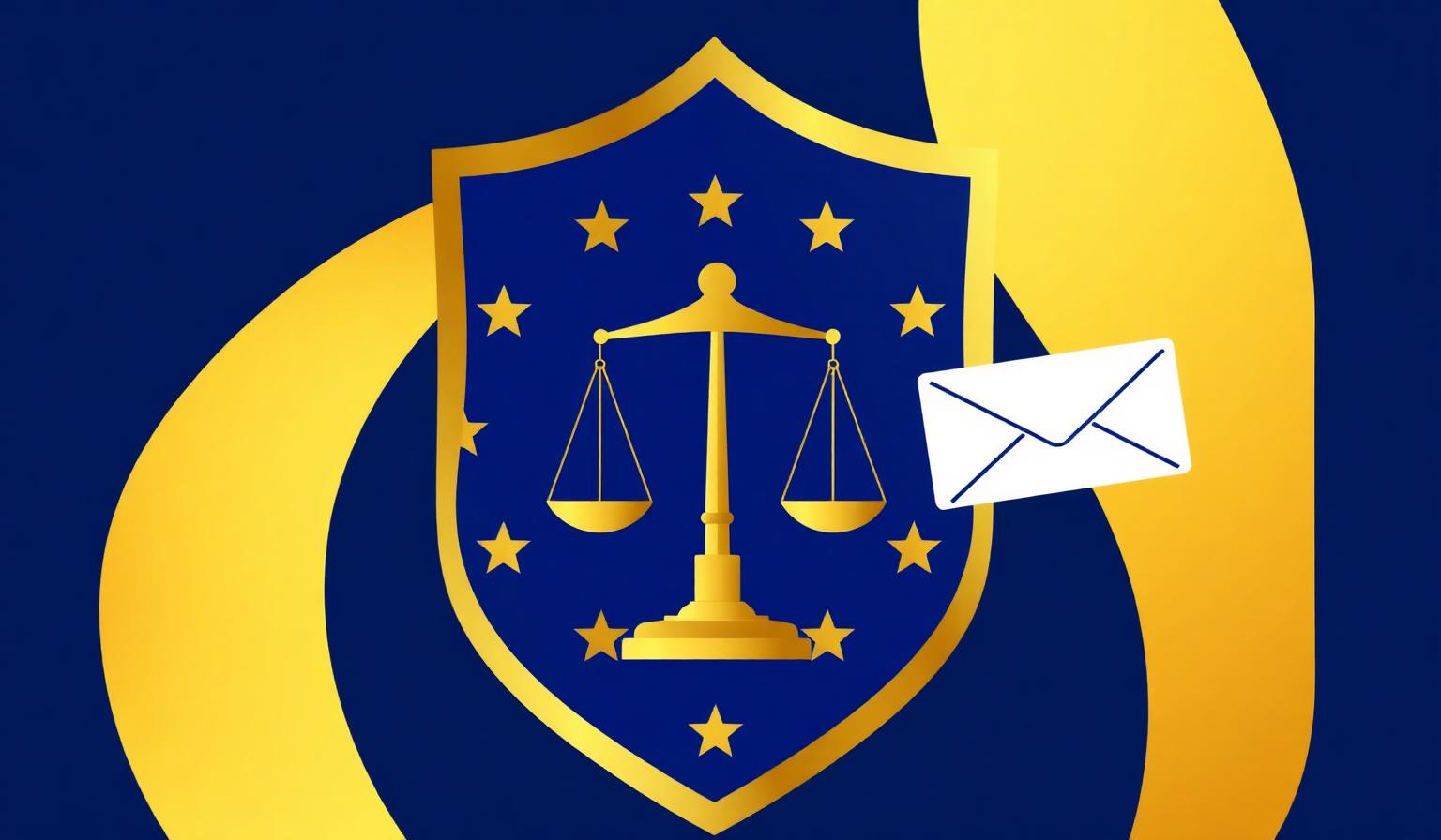 Gold European compliance shield with scales of justice and an envelope on a deep navy background