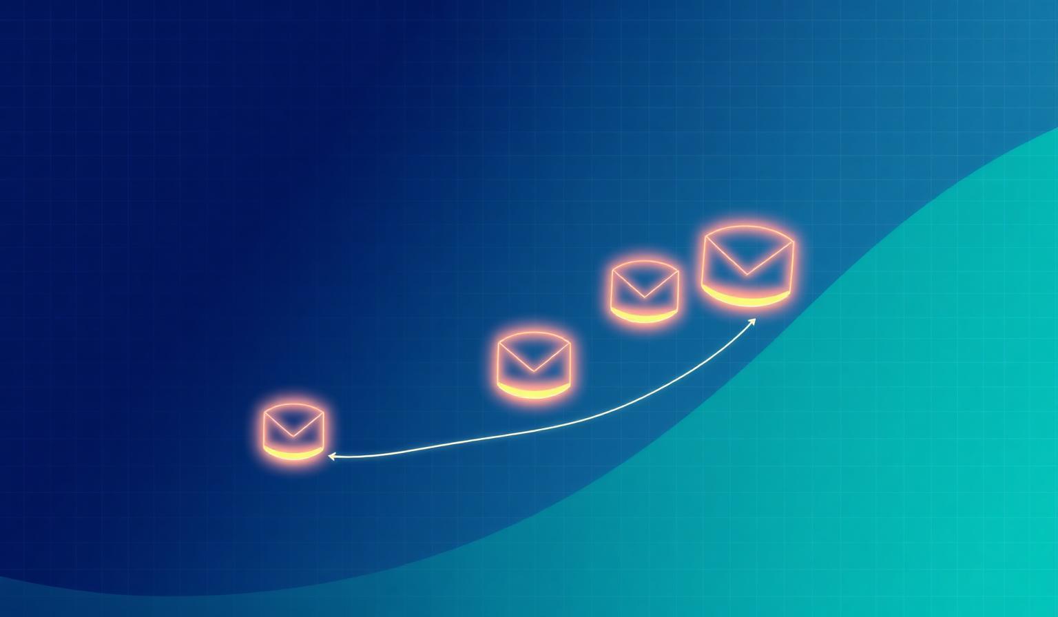 Three glowing email touchpoints connected by a curved line on a navy and emerald gradient